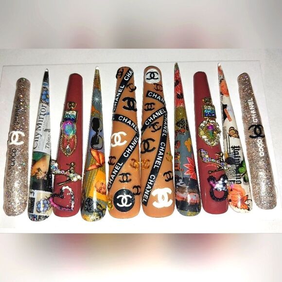 Hand crafted custom print 10pc 3xl acrylic press on nails sz Large - Picture 6 of 6